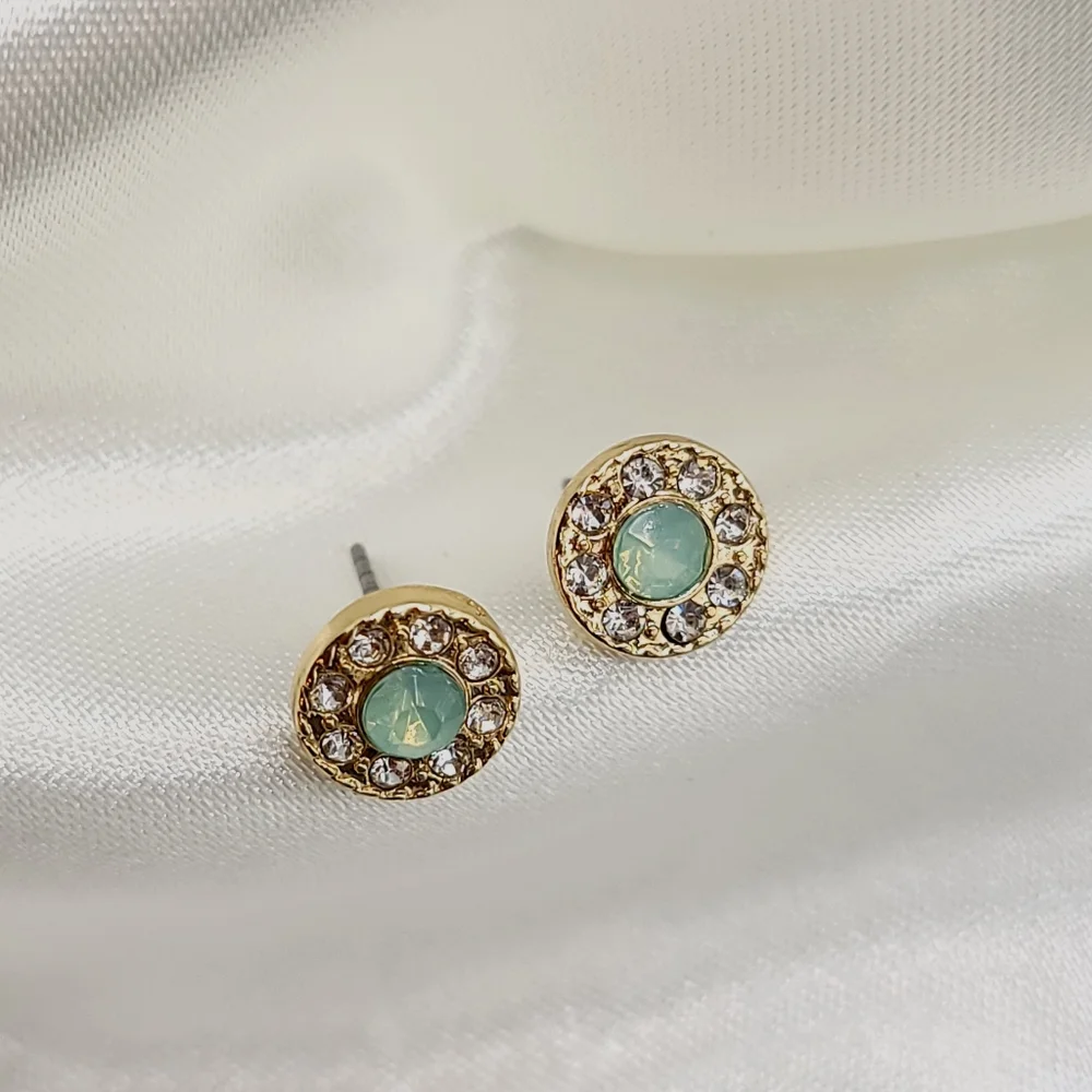 Gold Seafoam Diamond Halo Rhinestone Stud Button Earrings